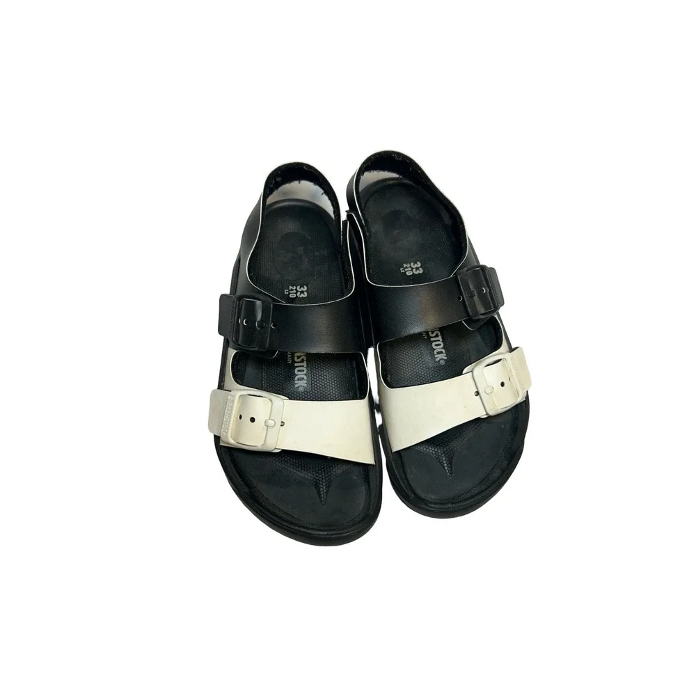 Birkenstock Mogami Kids Sandals Black White Colorblock Buckle Strap EU 33